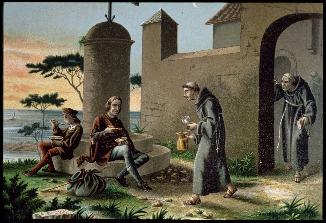 Die Ankunft von Christoph Kolumbus (1451-1506) mit seinem Sohn im Kloster von La Rabida, aus 