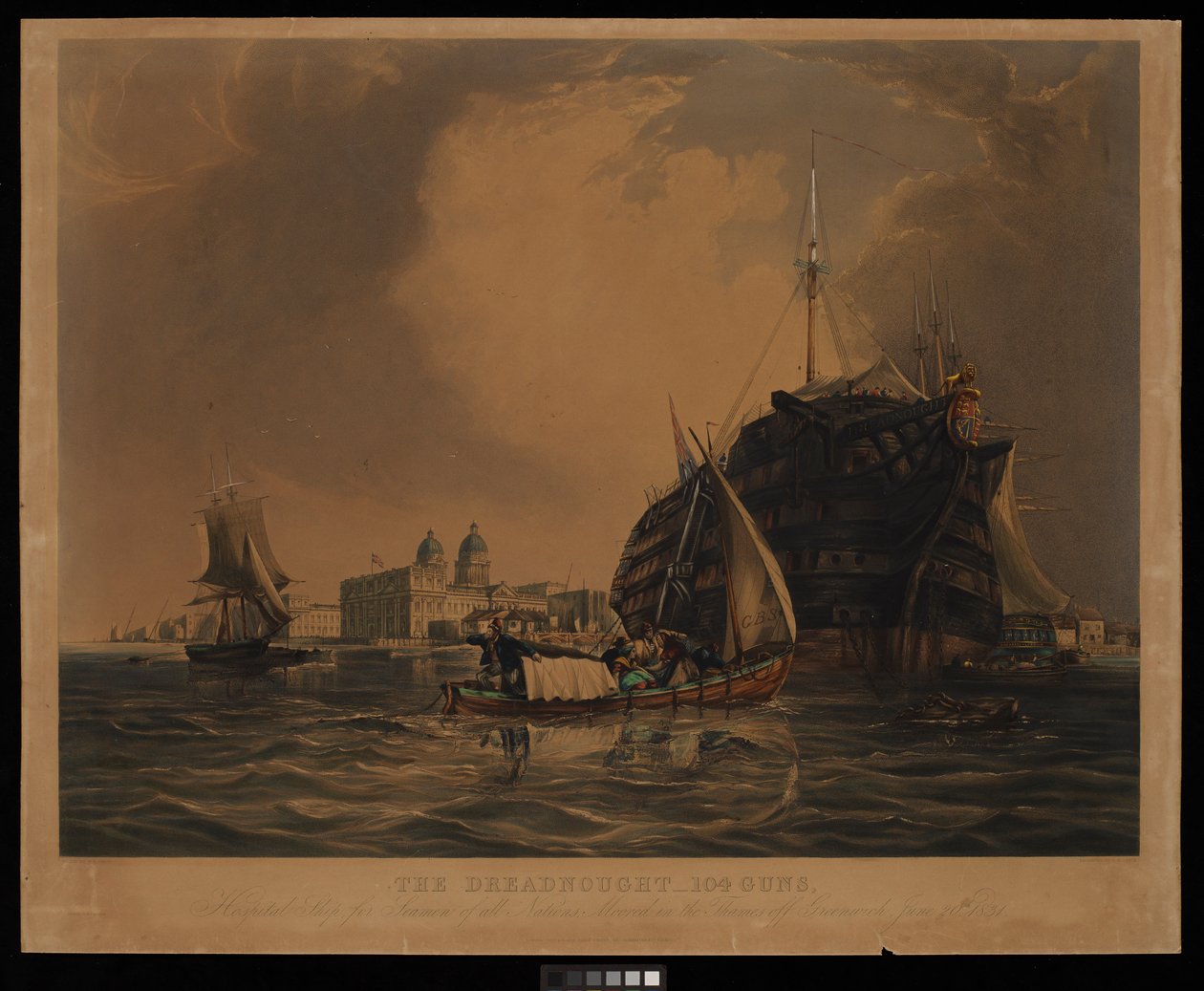 Die Dreadnought 104 Kanonen, Hospitalschiff für Seeleute aller Nationen, vor Anker in der Themse vor Greenwich, 20. Juni 1831 von R. W. Price