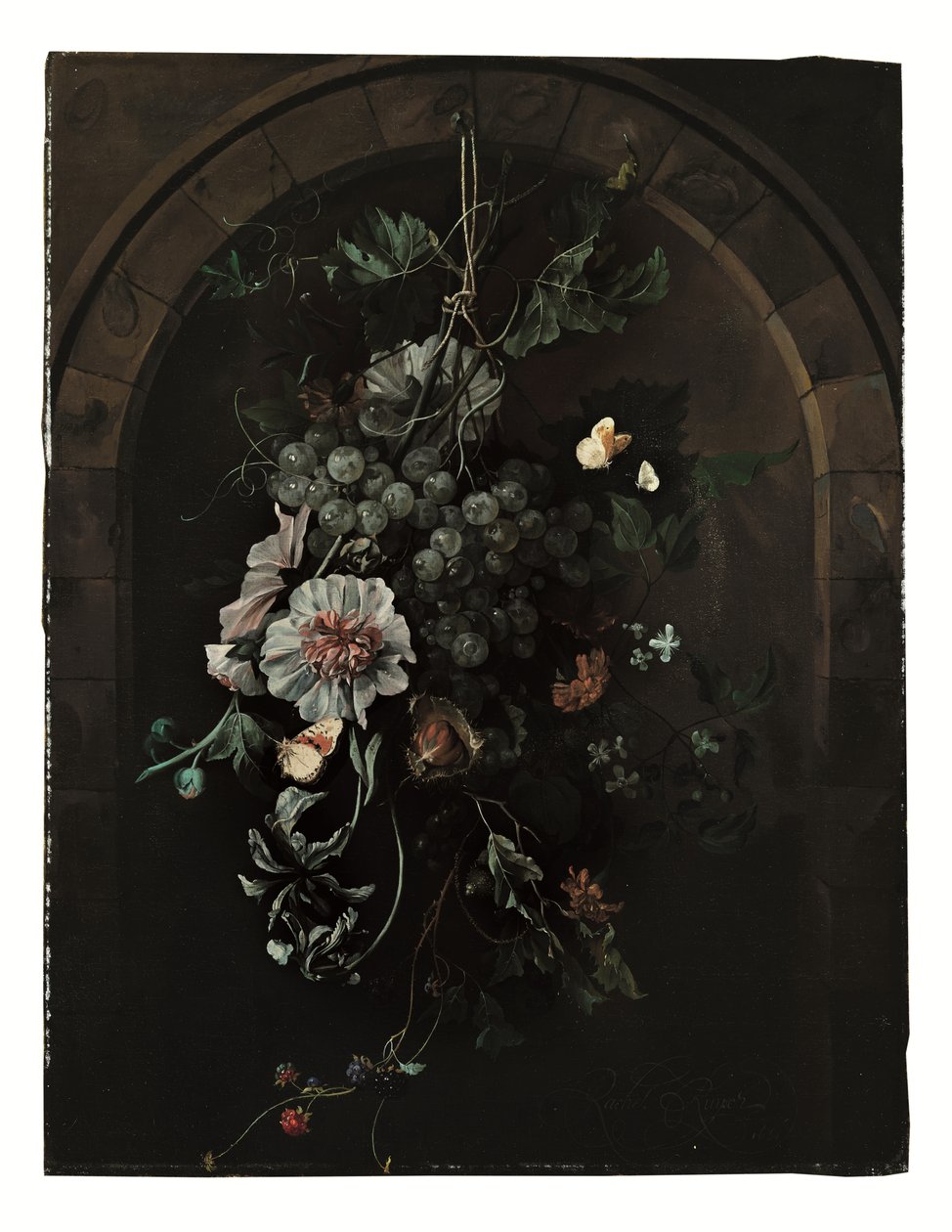Ein Bündel Trauben, Stockrosen, Schwertlilien, Malven, Afrikanische Ringelblumen, Clematis, eine Rosskastanie und Brombeeren mit Schmetterlingen und anderen Insekten vor einem Steinbogen von Rachel Ruysch