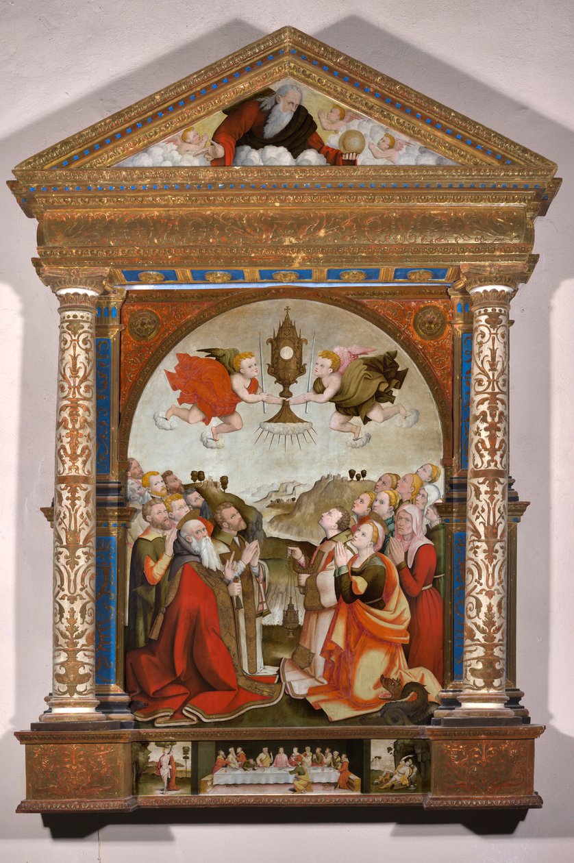 Altarbild der Anbetung des Allerheiligsten Sakraments, in der Predella: Das letzte Abendmahl, Heiliger Sebastian und Heiliger Rochus von Raffaele De (fl.1514 1573) Pancalino