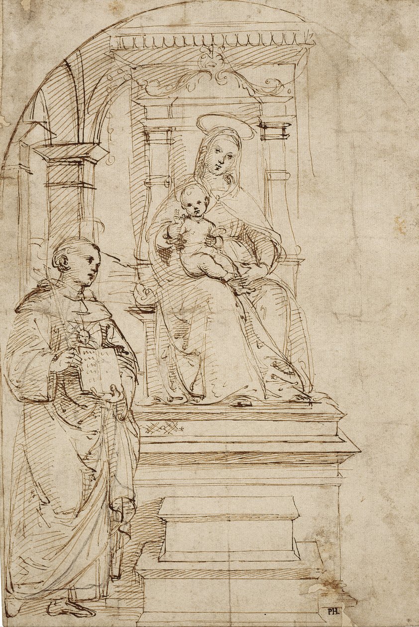 Skizze für eine thronende Jungfrau mit Kind und St. Nikolaus von Tolentino von Raffaello Sanzio Raphael