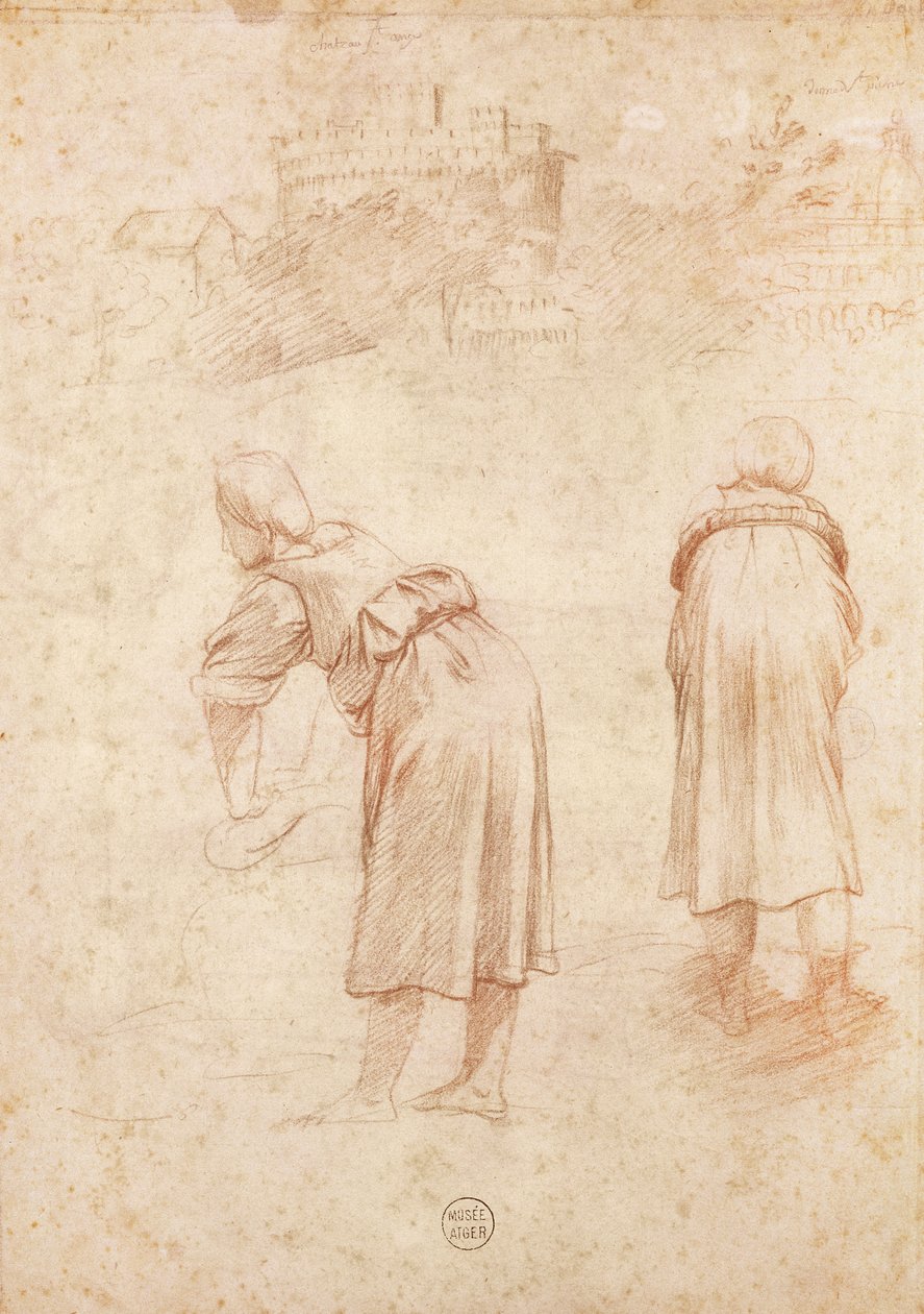Wäscherinnen am Ufer des Tiber und Studien des Château Saint-Ange (Rötel auf Papier) von Raffaello Sanzio Raphael