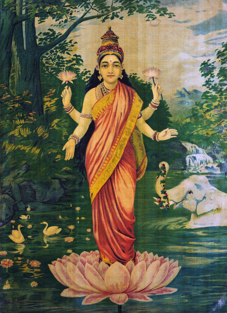 Lakshmi, von Raja Ravi Varma, 1930er, bearbeitet von Raja Ravi Varma
