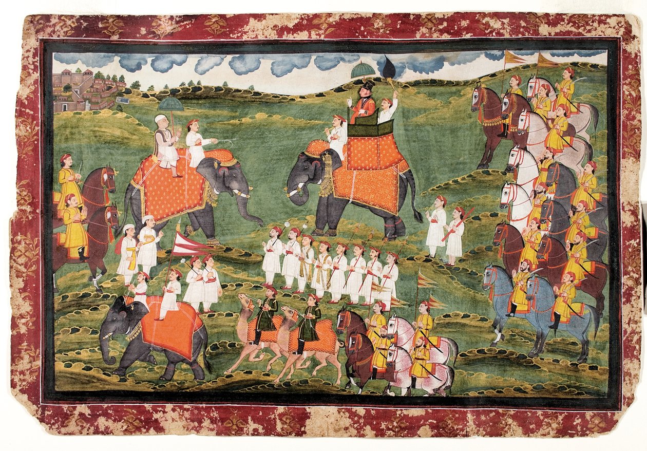 Oberst James Tod und Guru Gyanchandra reiten auf Elefanten in der Nähe von Udaipur, Oktober 1822 von Rajasthani School