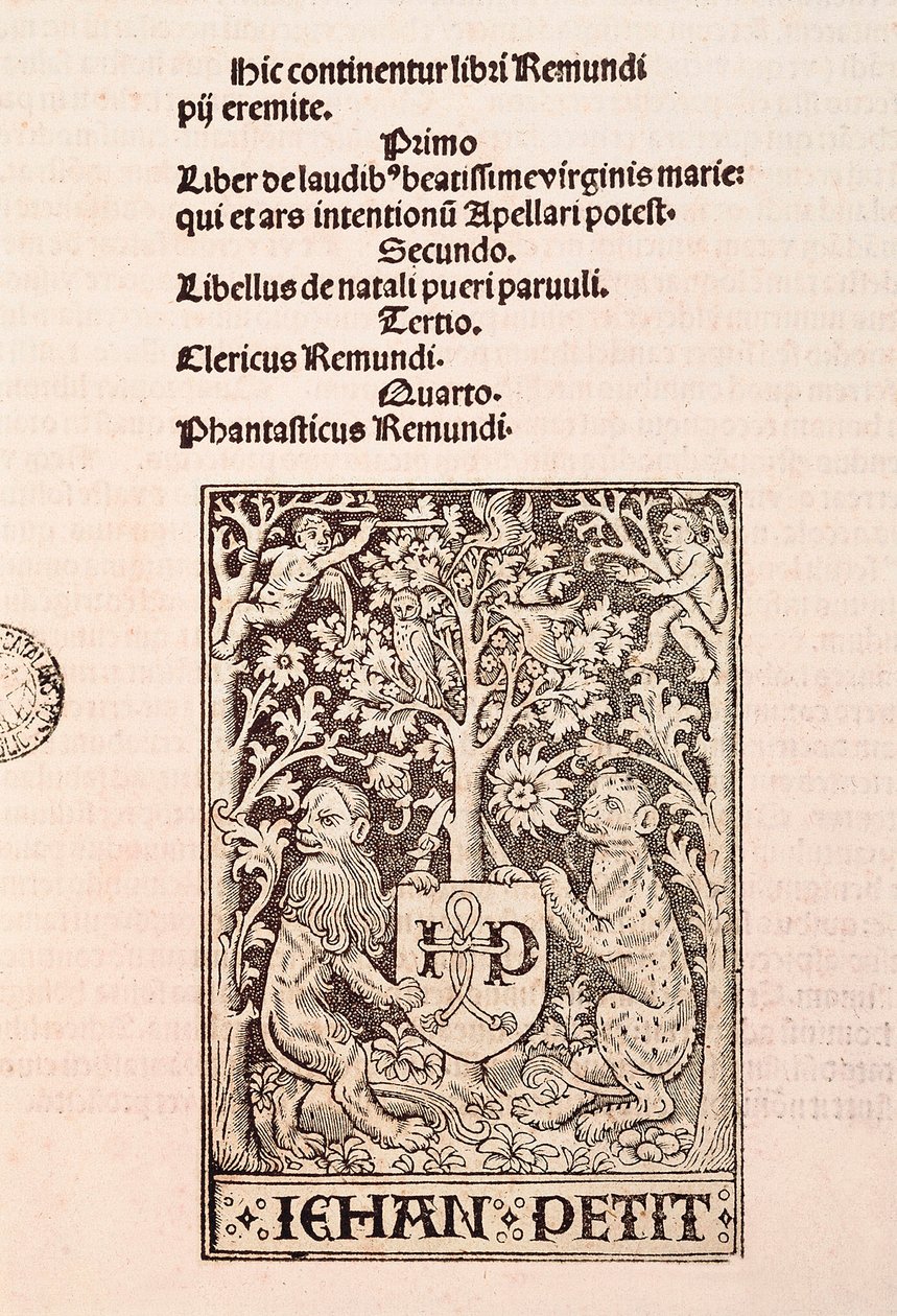 Seite des Kodex "De Laudibus Beatissimae Virginis Mariae" von Ramon Llull (1235-1315), zwei Löwen haltend das Wappen des Druckers Jehan Petit darstellend von Ramon Llull