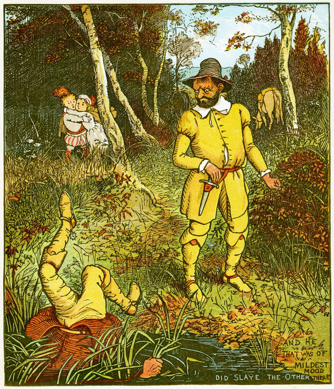 Und derjenige, der die mildeste Stimmung hatte, tötete den anderen dort, Illustration aus Babes in the Wood von Randolph Caldecott