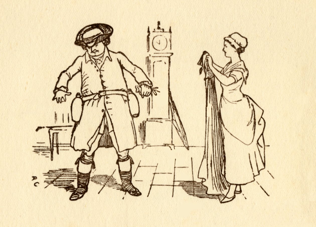 John Gilpin befestigt Weinflaschen an seinem Gürtel, 1878, um 1918 von Randolph Caldecott