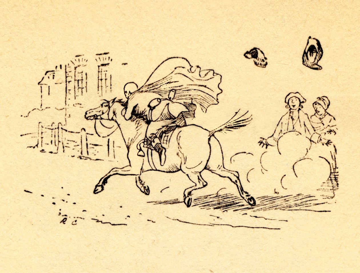 John Gilpins Pferd geht durch, und sein Hut und seine Perücke fliegen davon, 1878, um 1918 von Randolph Caldecott