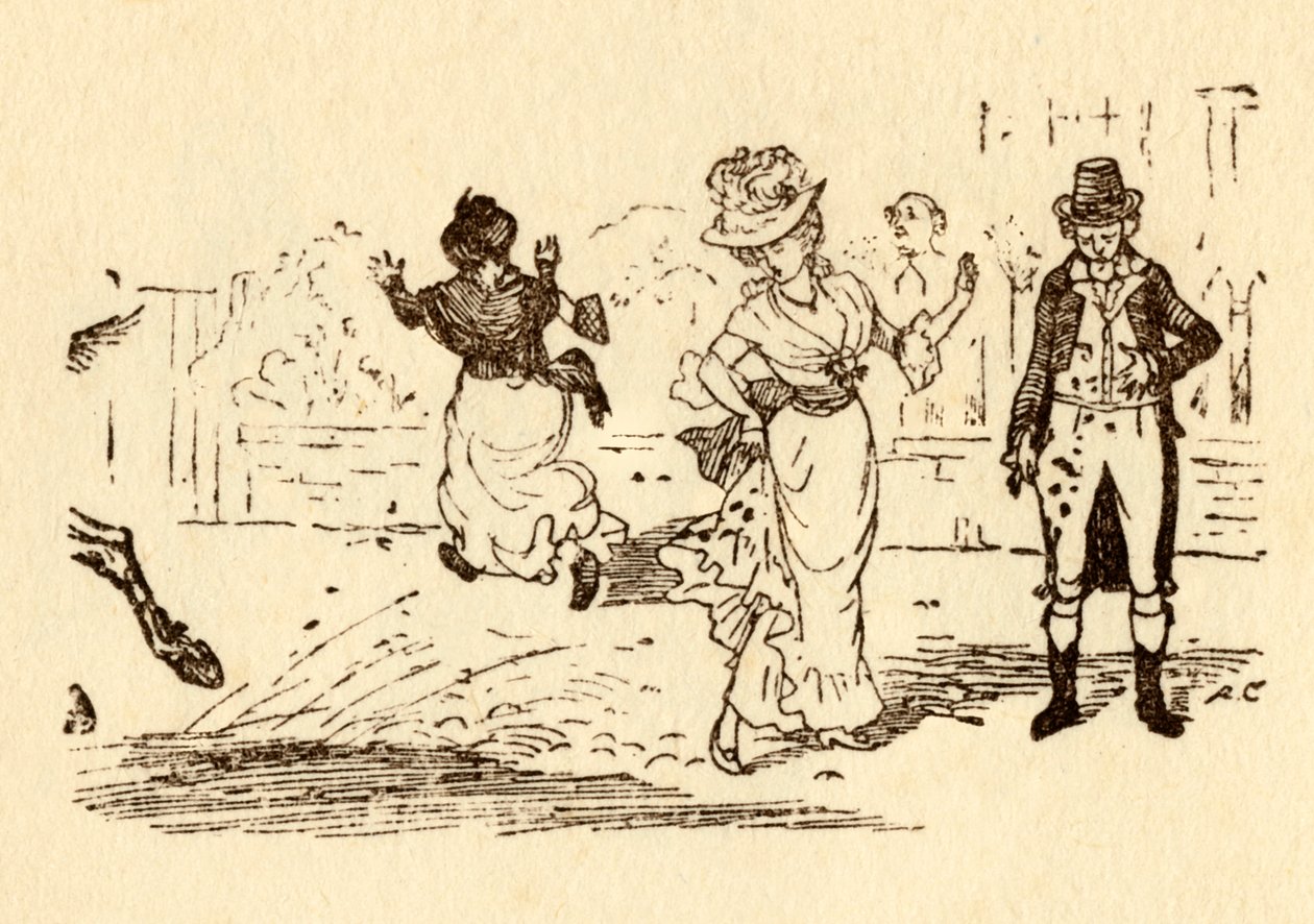 John Gilpins Pferd spritzt Schlamm auf das Kleid einer Frau, 1878, um 1918 von Randolph Caldecott