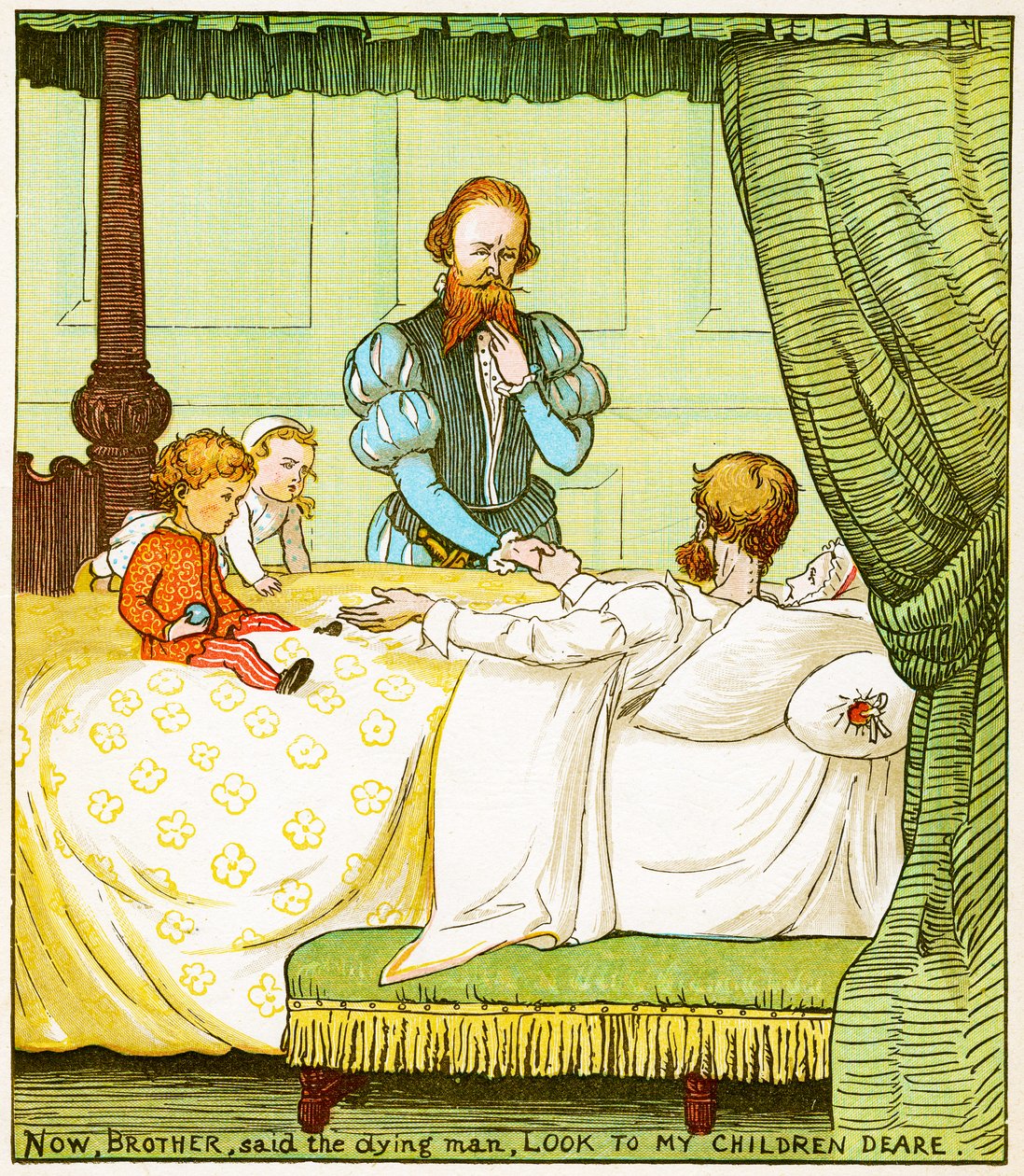 "Nun, Bruder, sagte der sterbende Mann, kümmere dich um meine lieben Kinder", Illustration aus Babes in the Wood von Randolph Caldecott