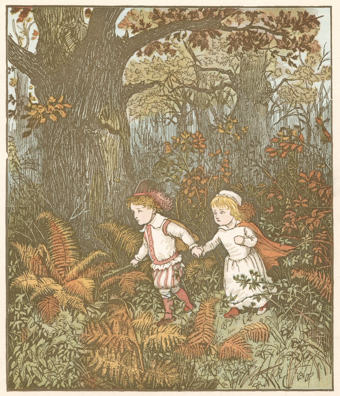 Die Kinder im Wald. Waisenkinder werden von Schurken, die vom bösen Onkel angeheuert wurden, ermordet. Ein Schurke bereut und tötet den anderen, dann verlässt er die Kinder, die im Wald sterben und von Rotkehlchen mit Blättern bedeckt werden. Illustration  von Randolph Caldecott
