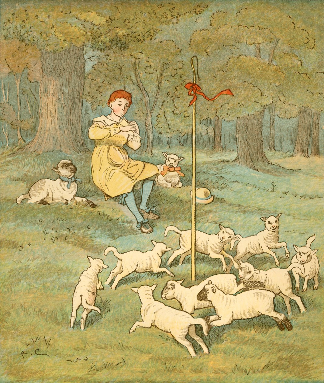 Der Bauernjunge spielt seine Pfeife, während die Lämmer um seinen Hirtenstab tanzen, um 1881 von Randolph Caldecott