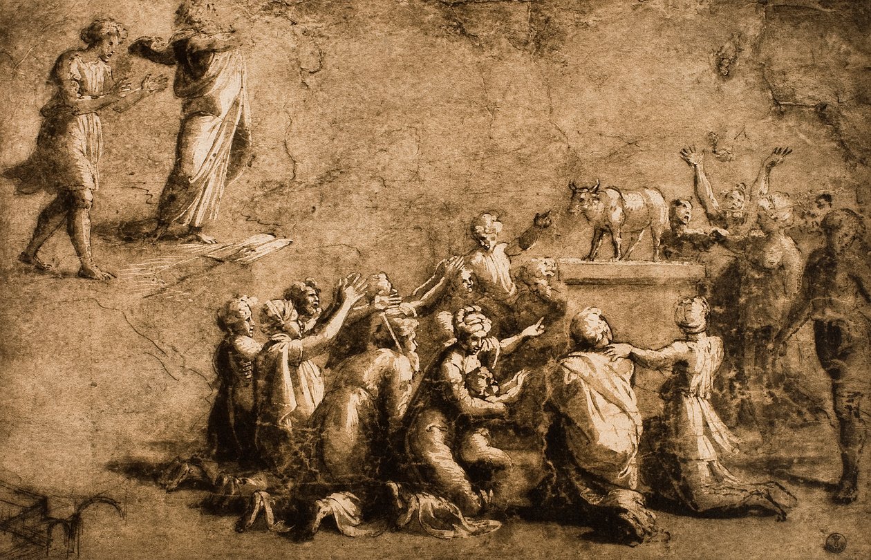 Anbetung des Goldenen Kalbs oder Moses zerbricht die Gesetzestafeln ...