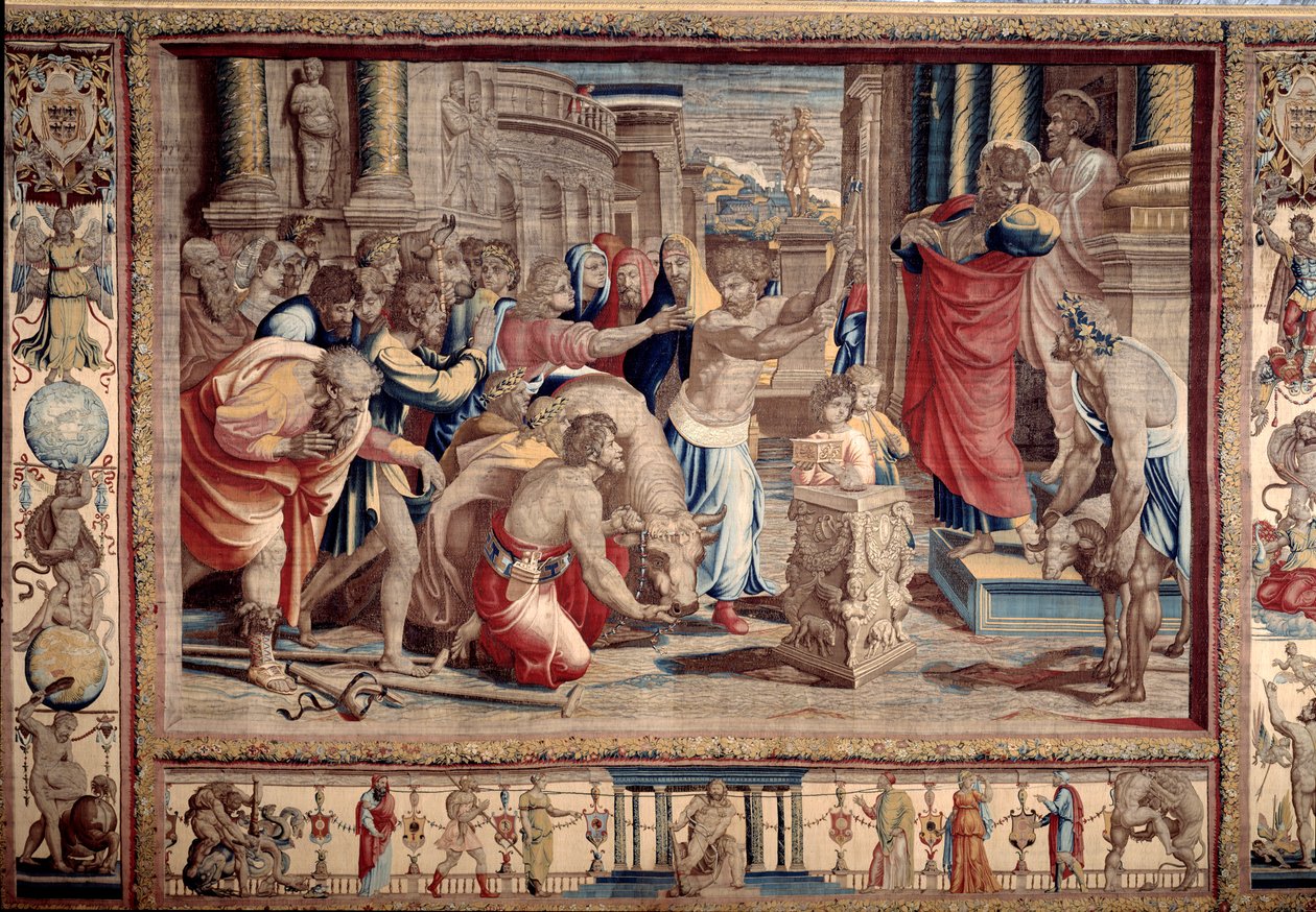 Das Opfer in Lystra - Leben der Apostel Petrus und Paulus: Paulus lehnt göttliche Ehren ab, nachdem er einen Invaliden geheilt hat, halten ihn die Einwohner für einen Gott und wollen Opfer bringen - Tapisserie nach Karton von Raffaello Sanzio (1483-1520) von after Raphael