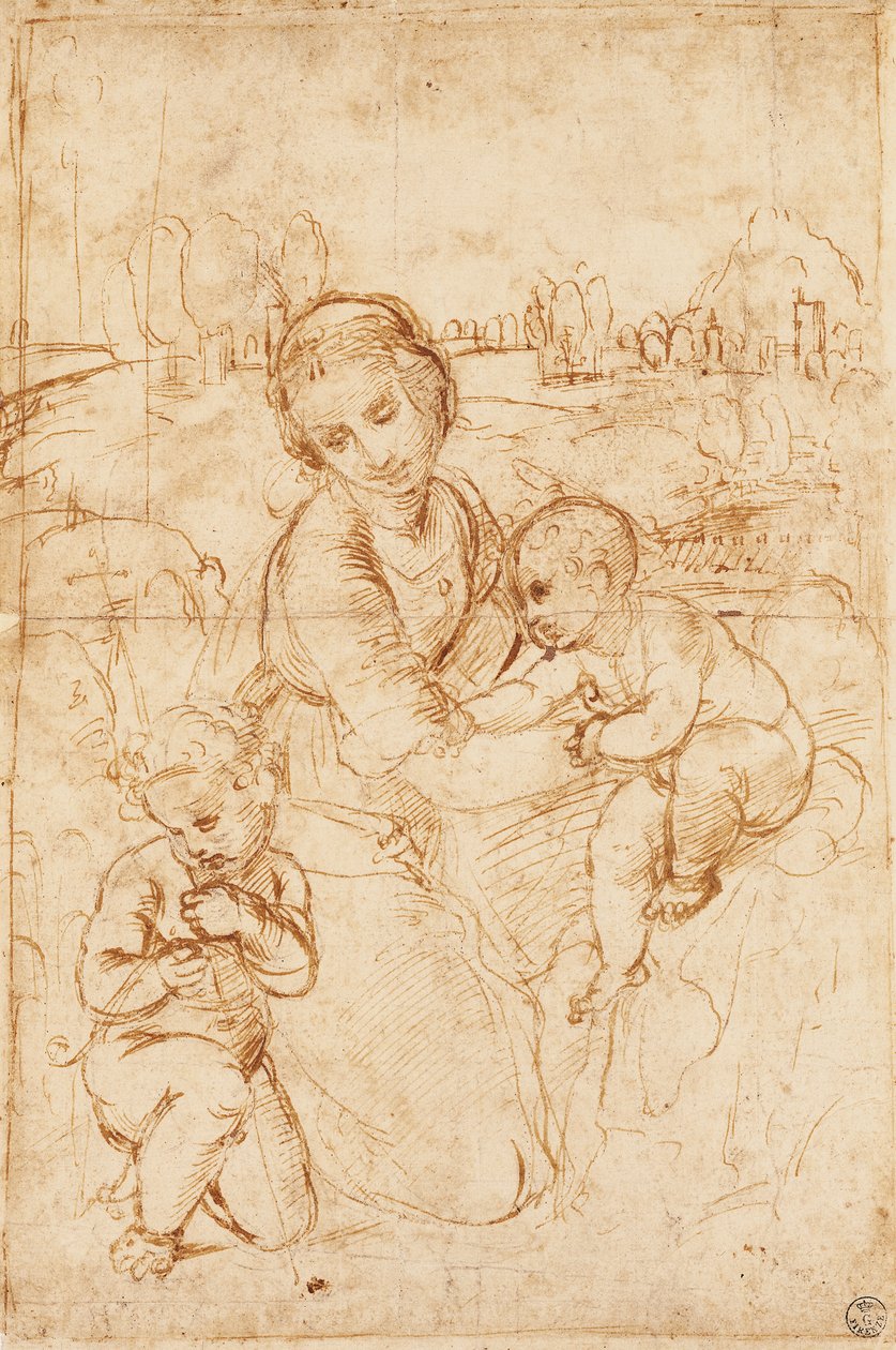 Madonna mit Kind und dem kleinen Johannes dem Täufer, ca. 1508, von Raphael (1483-1520), Zeichnung von Raphael (1483 1520)