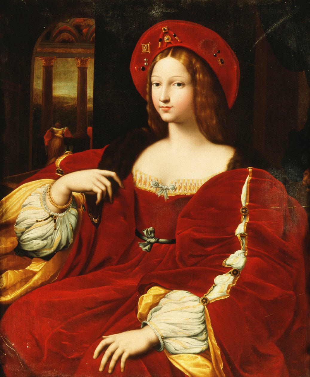 Porträt von Giovanna von Aragon, sitzend, dreiviertellang, in ihrem Zimmer von Raphael