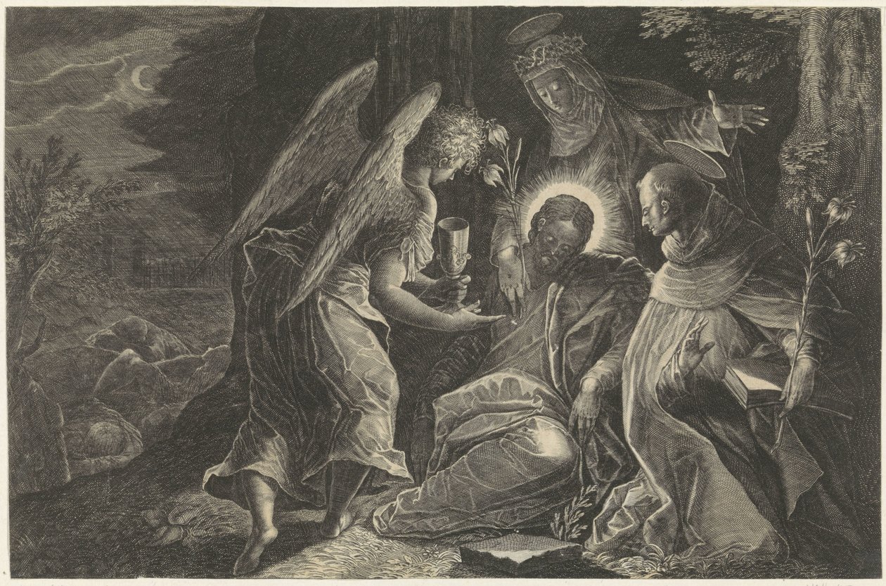 Christus wird in Gethsemane von einem Engel, dem Heiligen Dominikus und der Heiligen Katharina von Siena getröstet von Raphaël Sadeler (II)
