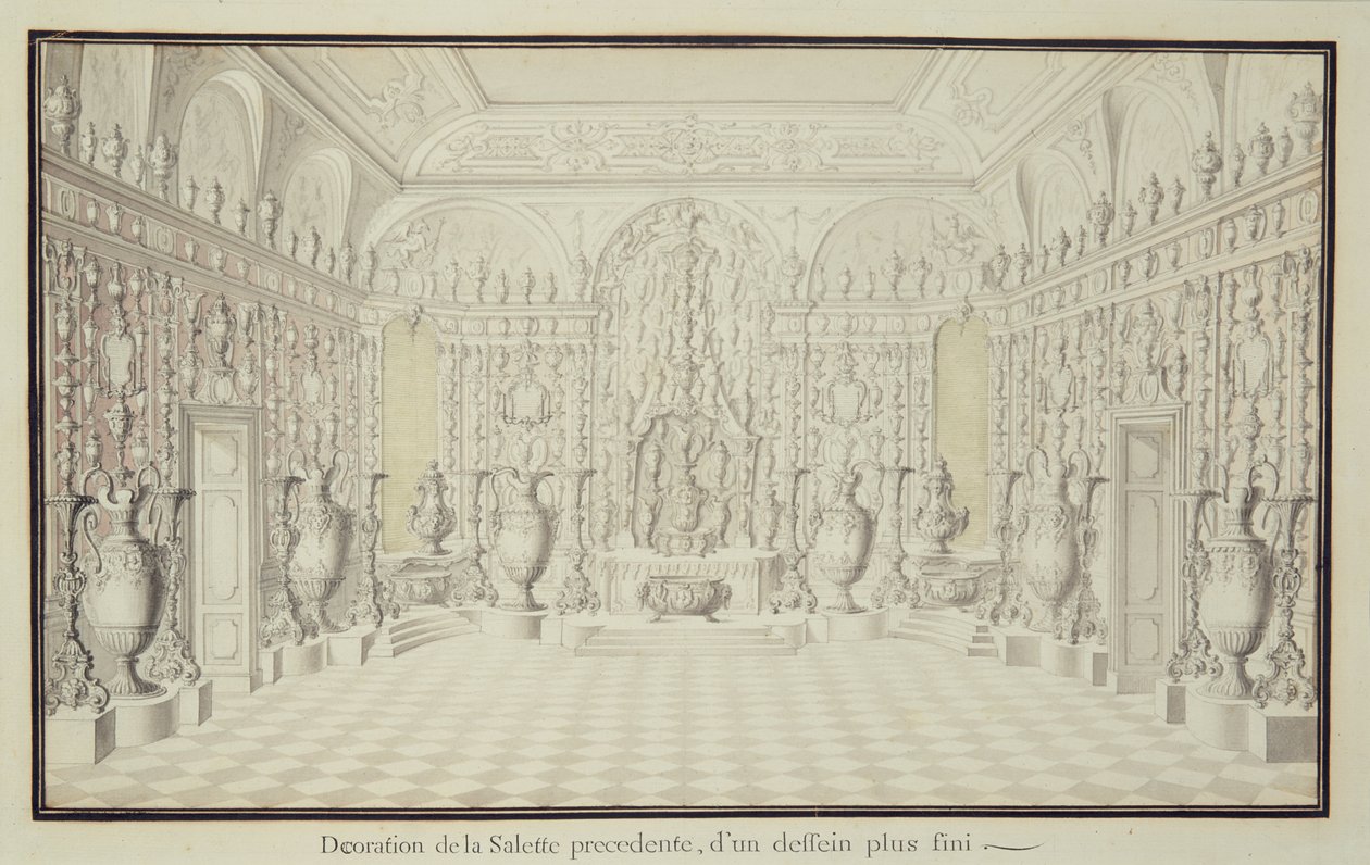 Ausstellungswand mit Silber- und Goldvasen im Turmzimmer des Dresdner Schlosses von Raymond Leplat