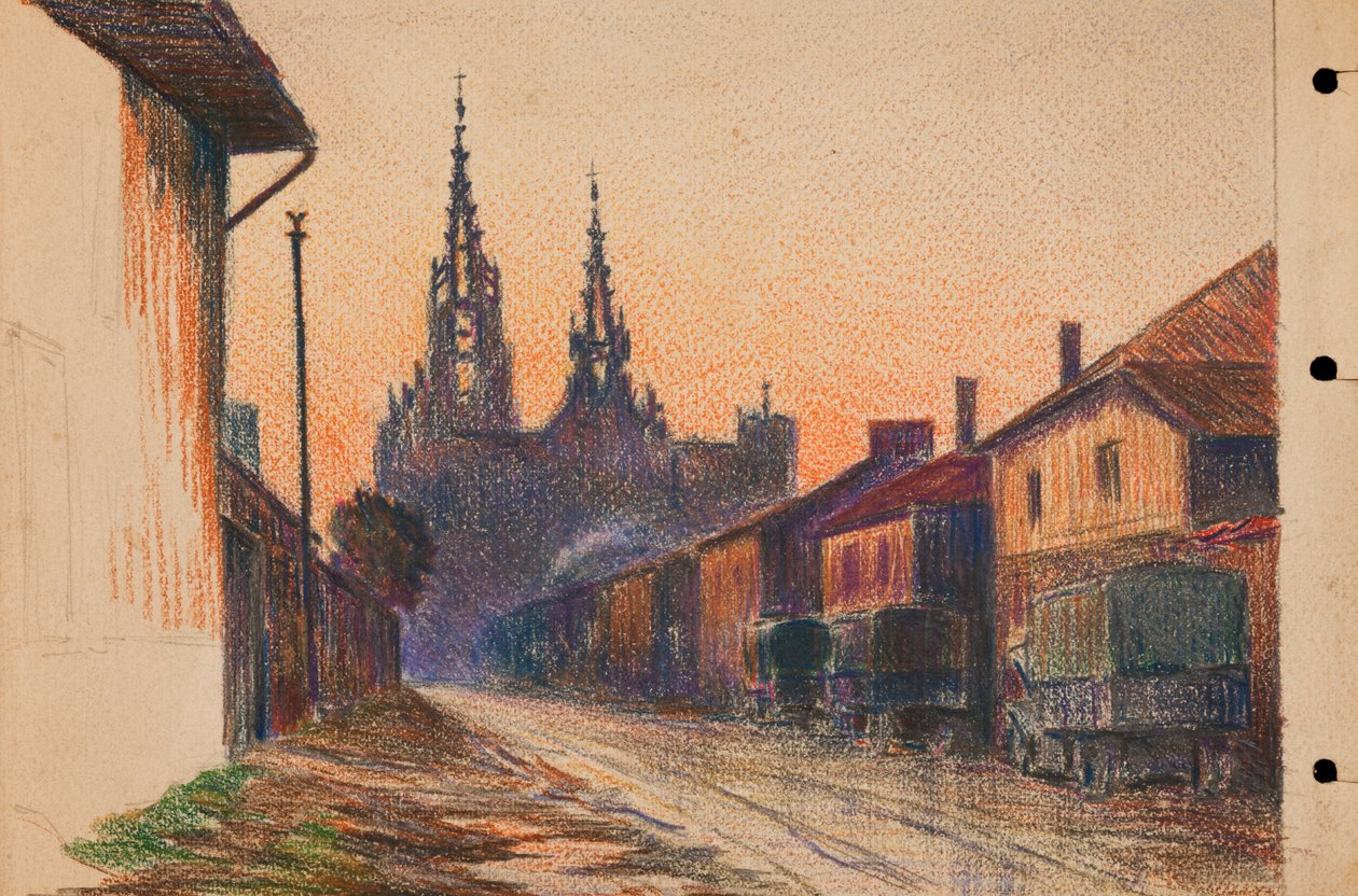 Militärlastwagen auf einer Straße in einer Stadt im Osten Frankreichs, um 1914-18 von Raymond Bonnefon