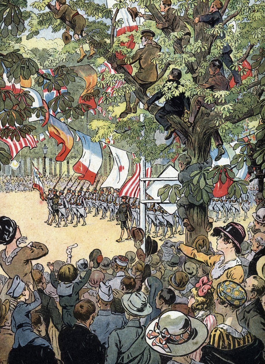 Erster Weltkrieg: Der Siegeszug auf der Avenue des Champs-Elysées in Paris am 14.07.1919: Französische Marinesoldaten bewundert von der Menge der Pariser - (WWI: Siegesparade auf der Champs-Elysées) von Raymond de la Neziere