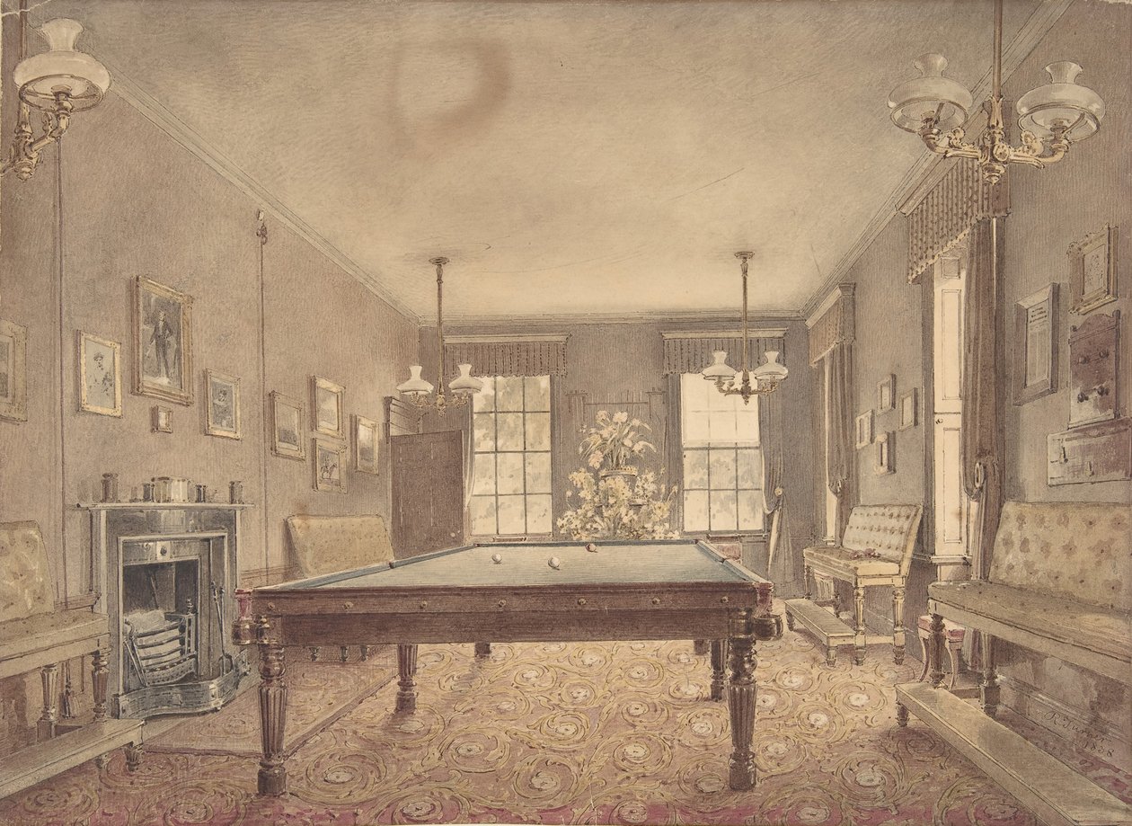 Innenraum des Billardzimmers im Lupton House, Devonshire, entworfen von George von Reid Turner