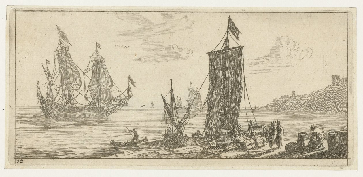 Bucht mit einem Hoeker und einem Kriegsschiff von Reinier Nooms