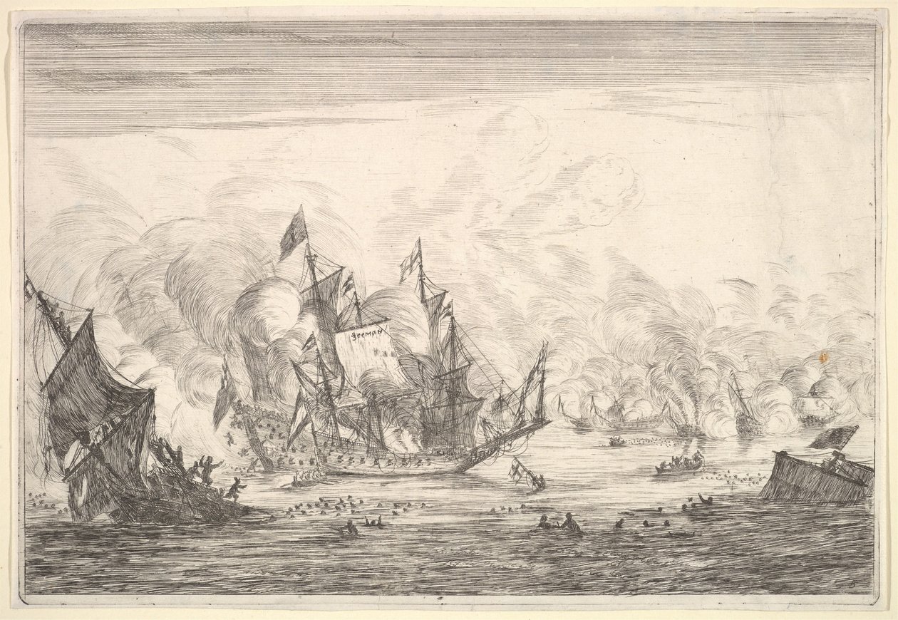Seeschlacht mit einem englischen Schiff, das links untergeht, aus Seeschlachten Nieuwe Sc..., 1652-54 von Reinier Zeeman
