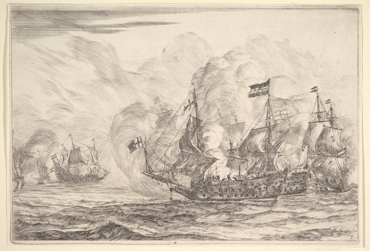 Seeschlacht mit drei Schiffen rechts, aus Seeschlachten Nieuwe Scheeps Bat..., 1652-54 von Reinier Zeeman