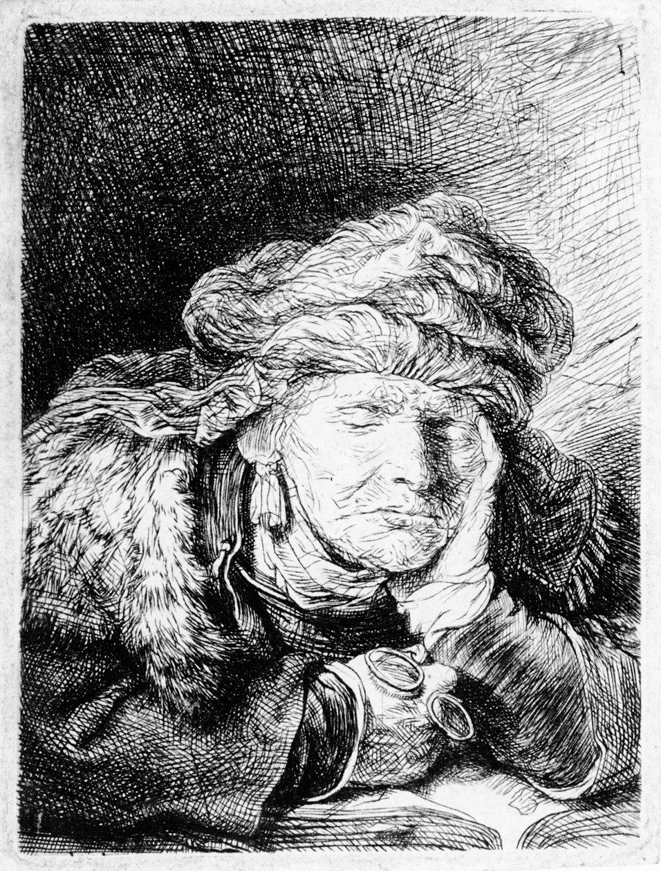 Eine alte Frau schläft, geätzt von Francesco Novelli, ca. 1790 von Rembrandt van Rijn