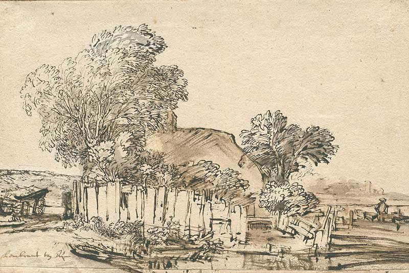 Häuschen mit Holzzaun zwischen Bäumen von Rembrandt van Rijn