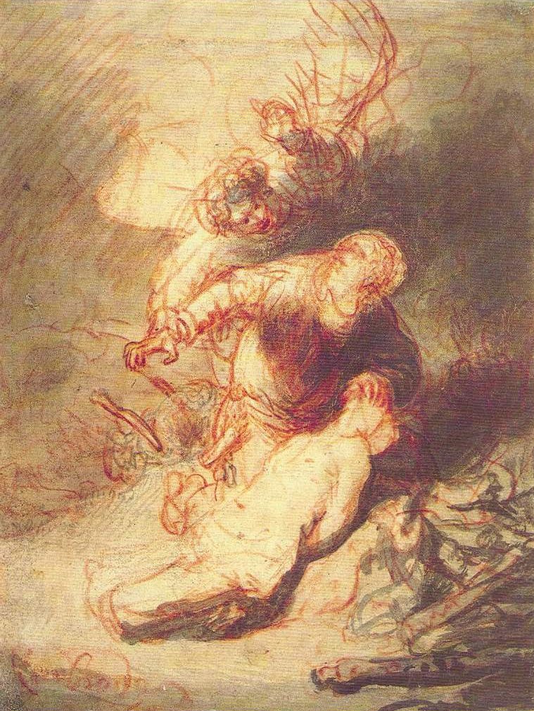 Der Engel verhindert Abraham, seinen Sohn Isaak zu opfern von Rembrandt van Rijn