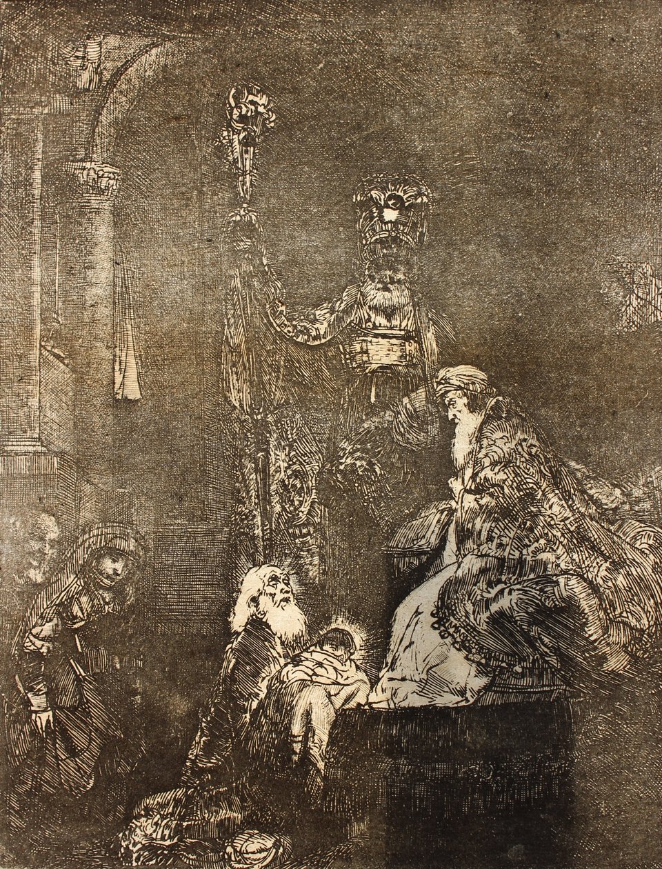 Die Darstellung im Tempel im dunklen Stil von Rembrandt van Rijn
