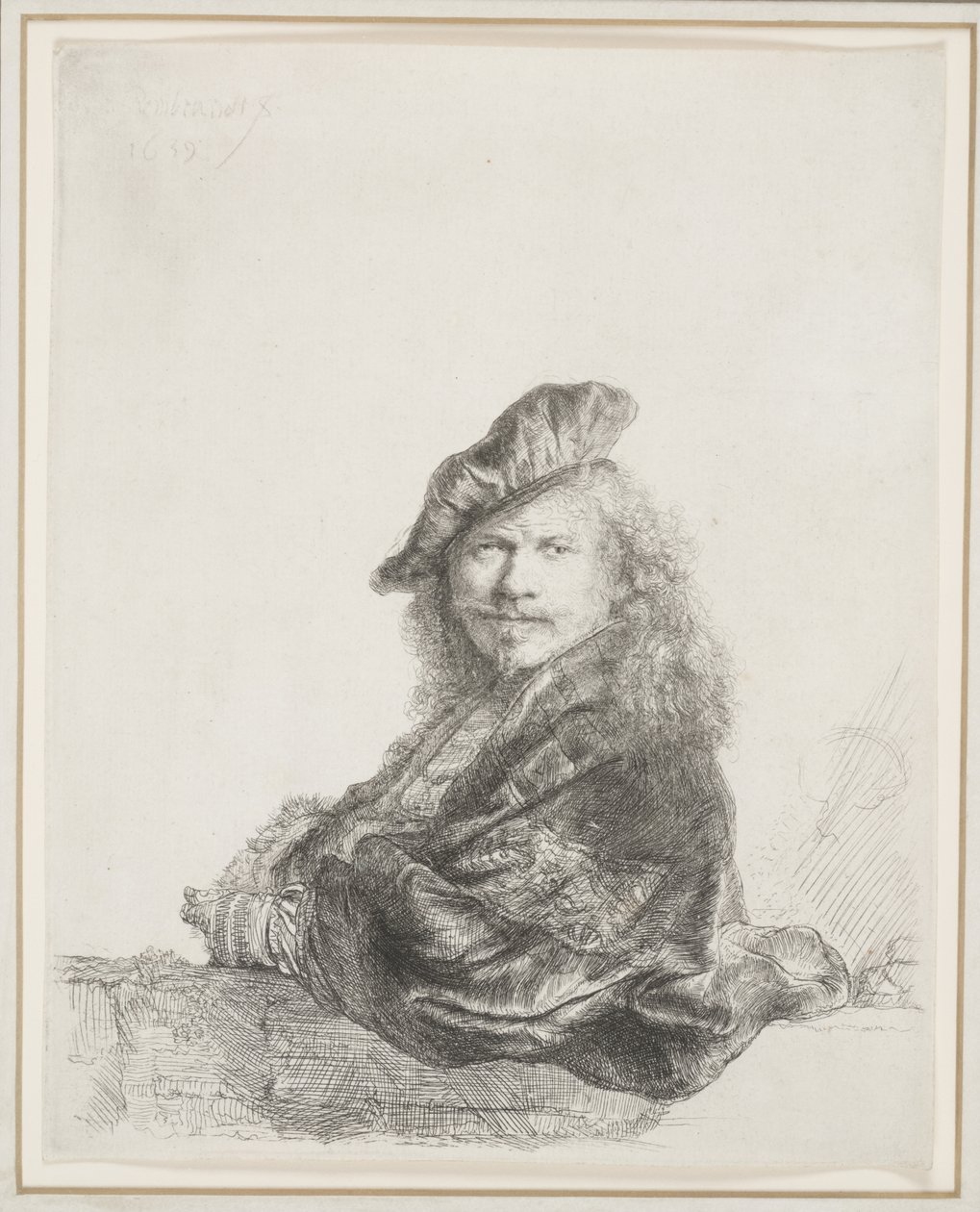 Rembrandt, der sich auf eine Steinschwelle lehnt: Halbfigur von Rembrandt van Rijn