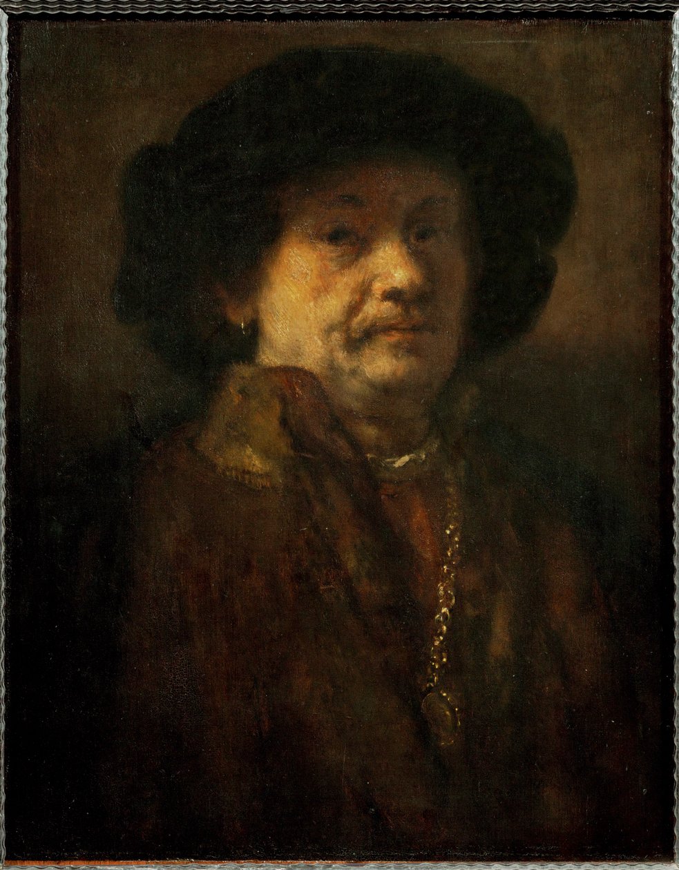 Rembrandt, Selbstporträt in einem Pelzmantel mit Goldkette und Ohrring von Rembrandt Harmensz. van Rijn