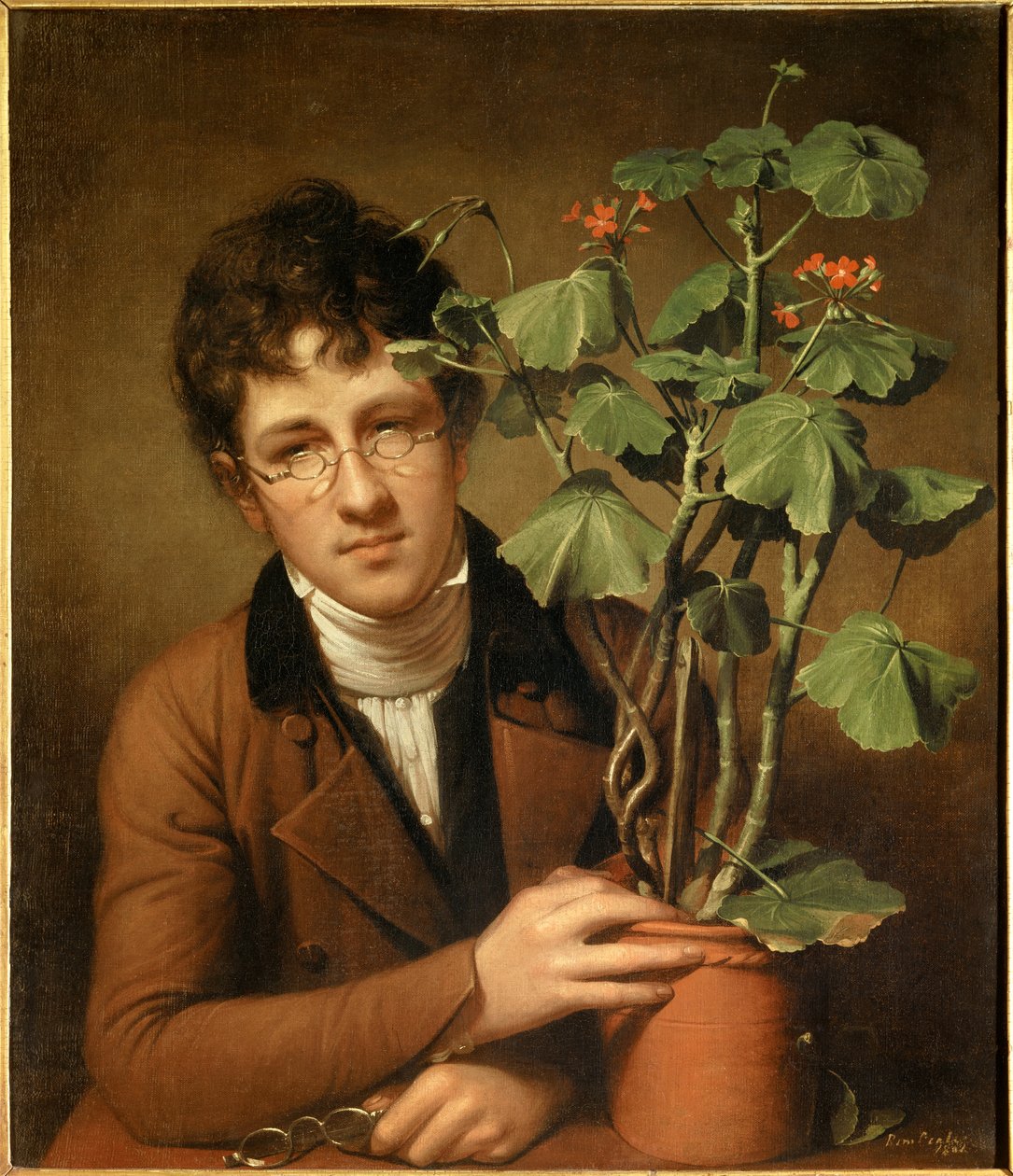 Porträt des Malers Rubens Peale (1784-1864) mit einem Geranium. Gemälde von Rembrandt Peale (1778-1860), 1801. Privatsammlung von Rembrandt Peale
