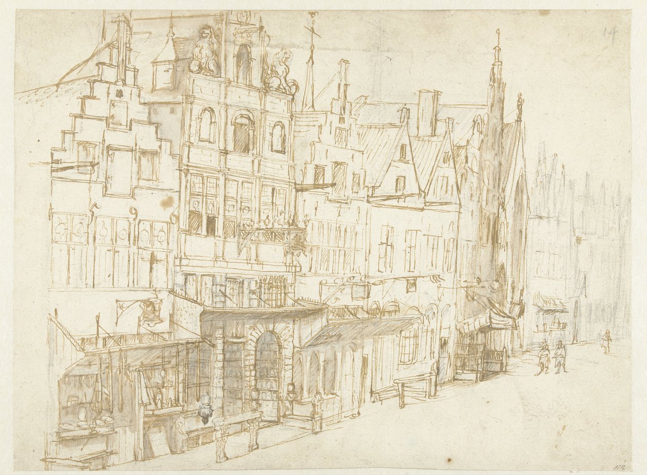 Ansicht einer Häuserreihe in einer Stadt von Rembrandt van Rijn (school of)