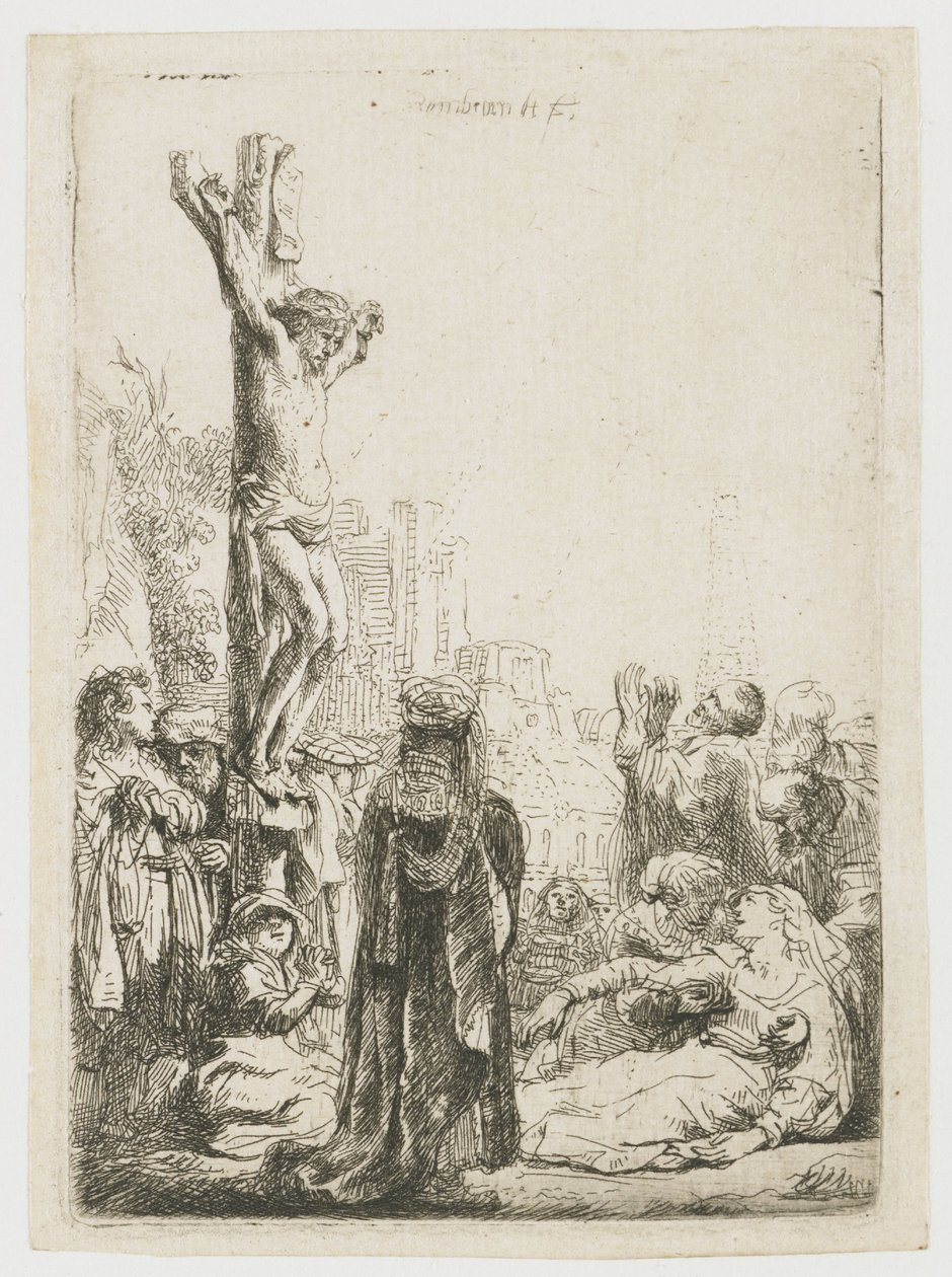 Ein blinder Drehorgelspieler und Familie erhalten Almosen von Rembrandt van Rijn