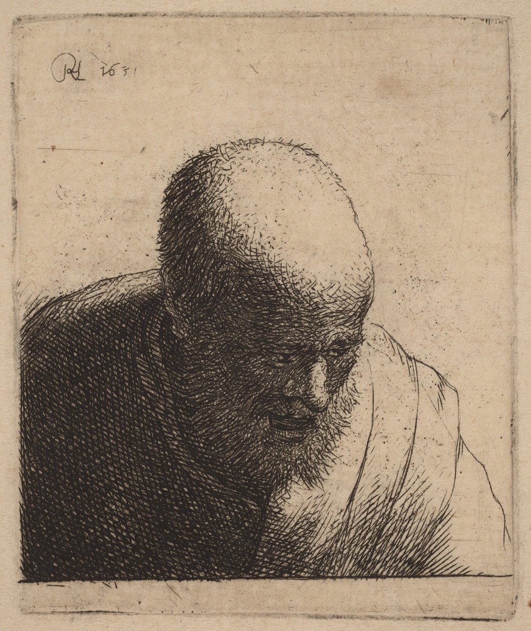 Glatzköpfiger Mann mit offenem Mund, nach unten blickend von Rembrandt van Rijn