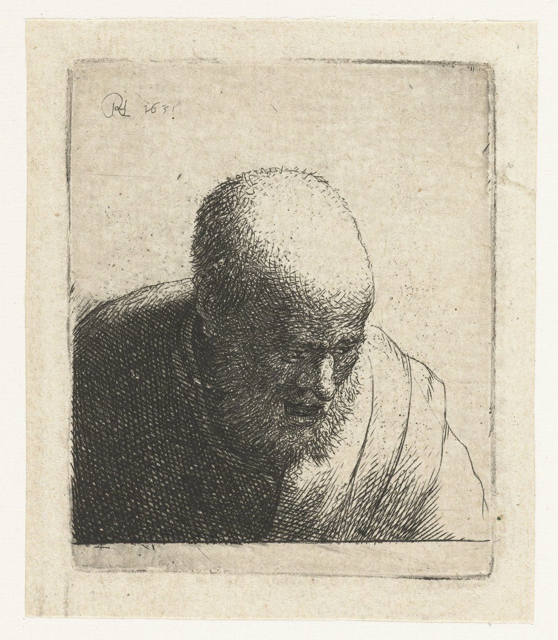 Glatzköpfiger Mann mit offenem Mund, der nach unten schaut: Büste von Rembrandt van Rijn