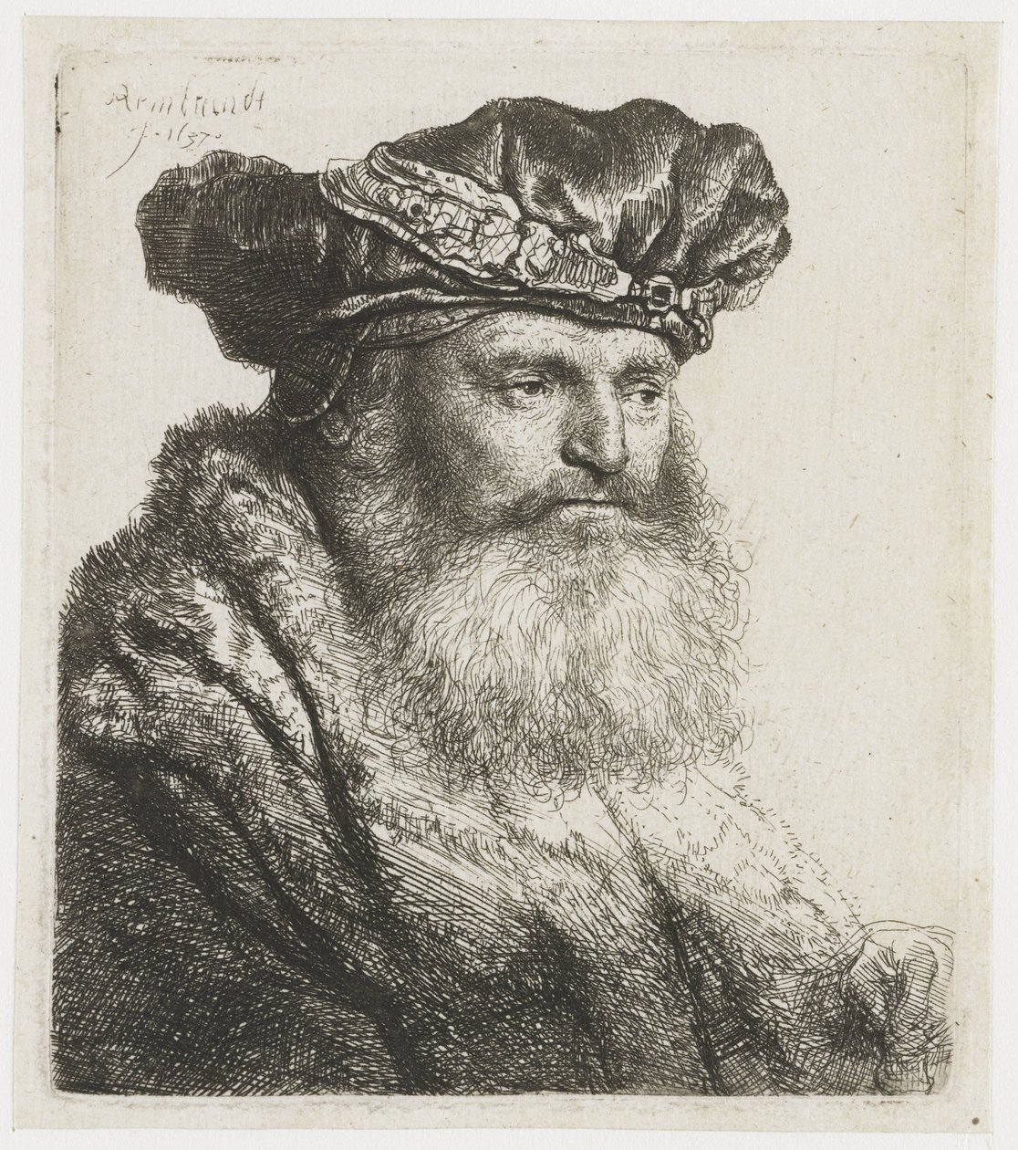 Bärtiger Mann mit Samtkappe und juwelenbesetzter Spange von Rembrandt van Rijn