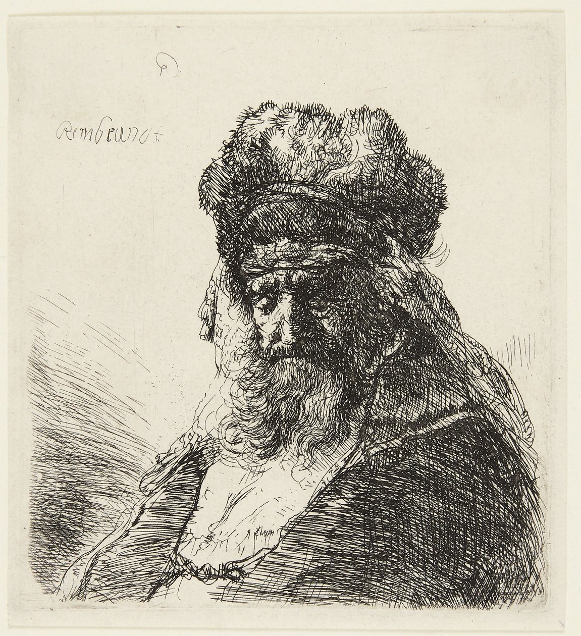 Bärtiger alter Mann mit hoher Pelzmütze, mit geschlossenen Augen von Rembrandt van Rijn