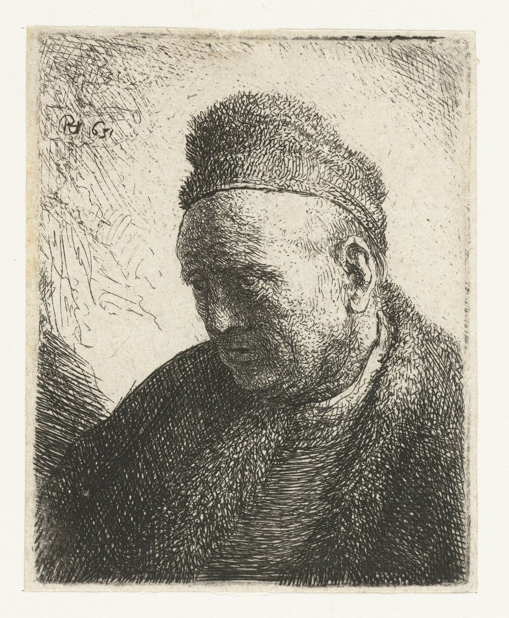 Bartloser Mann in einem Pelzmantel und einer Mütze: Büste von Rembrandt van Rijn