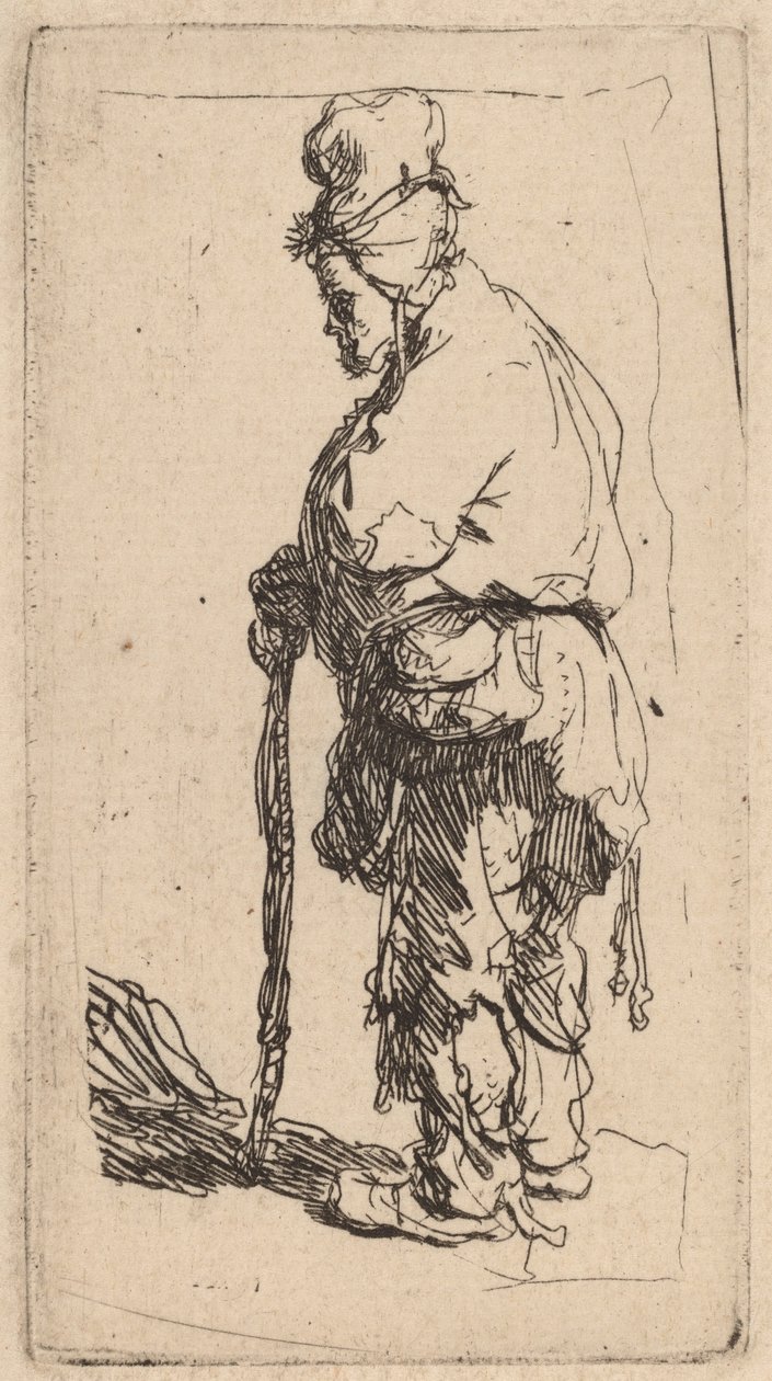Bettler, der sich auf einen Stock stützt, nach links gewandt von Rembrandt van Rijn