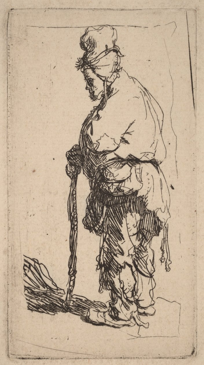 Bettler lehnt auf einen Stock, nach links gewandt von Rembrandt van Rijn