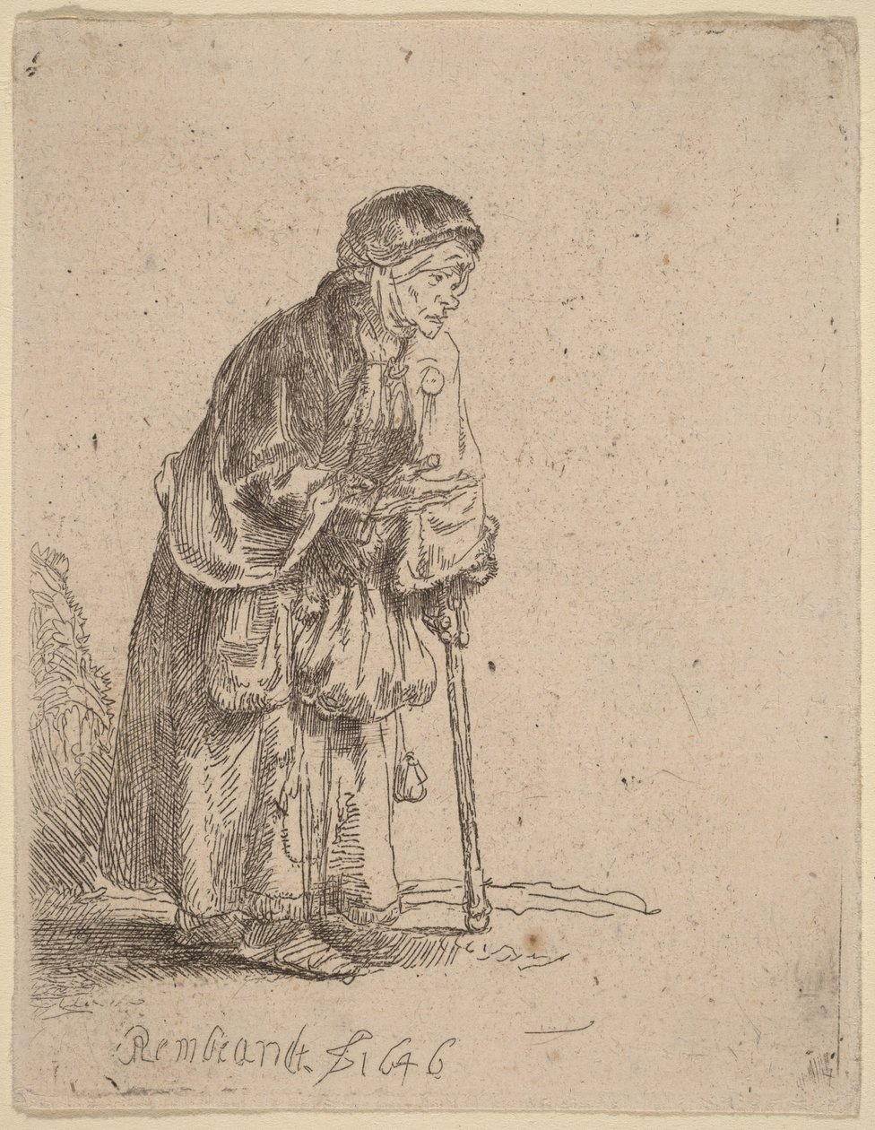 Bettlerin, die sich auf einen Stock lehnt von Rembrandt van Rijn