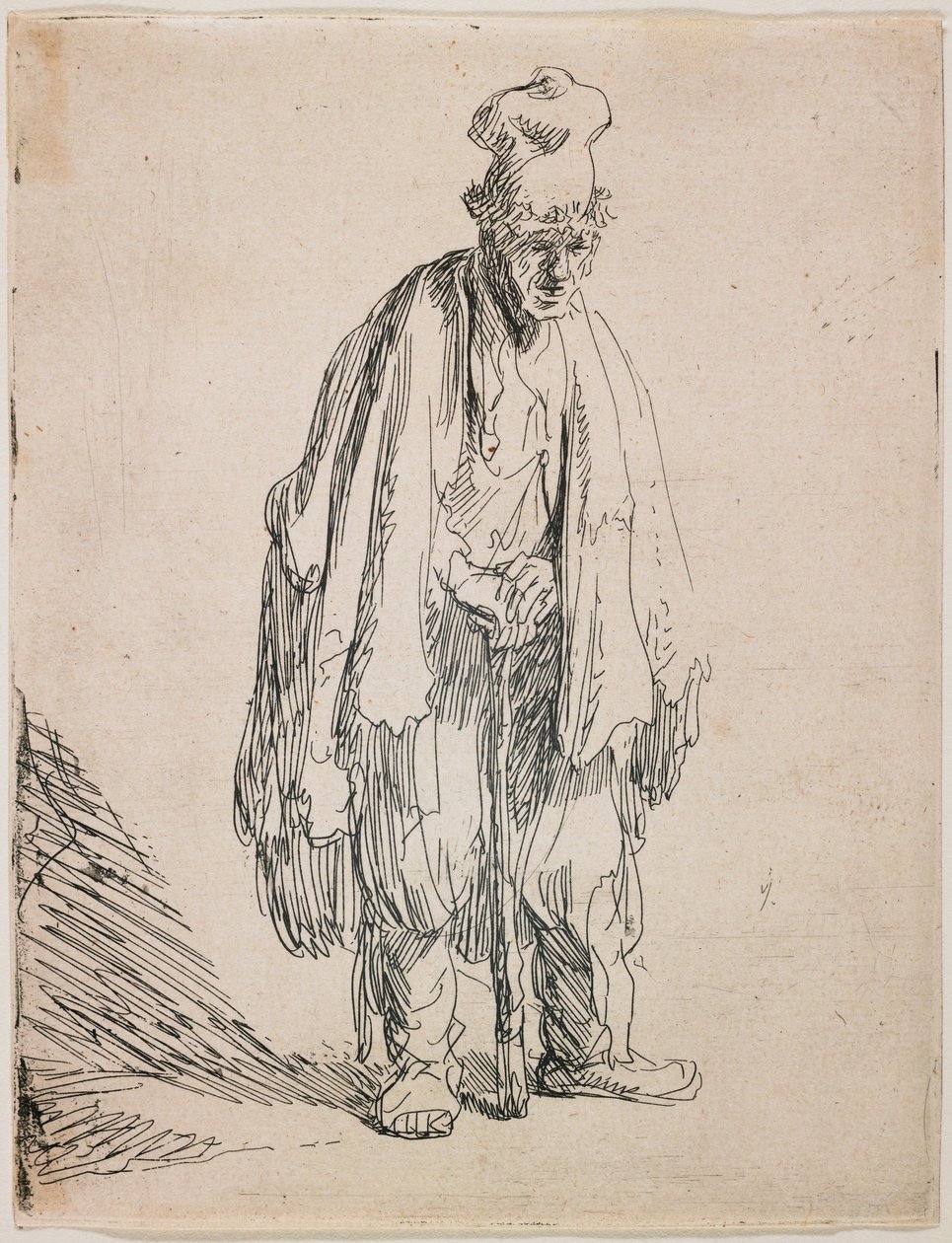Bettler in einer hohen Mütze, auf einen Stock gestützt von Rembrandt van Rijn