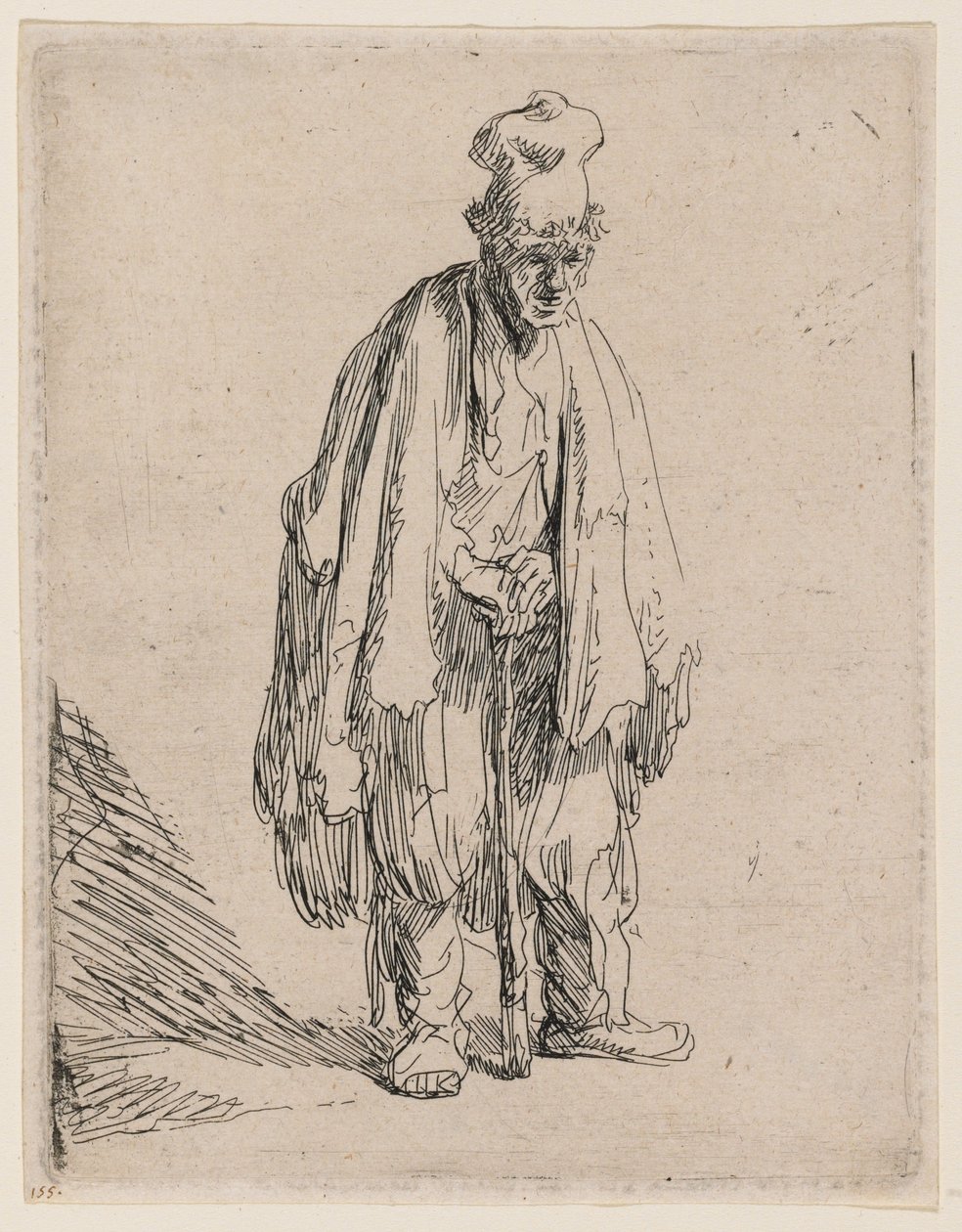 Bettler mit hohem Hut, stehend und auf einen Stock gelehnt von Rembrandt van Rijn