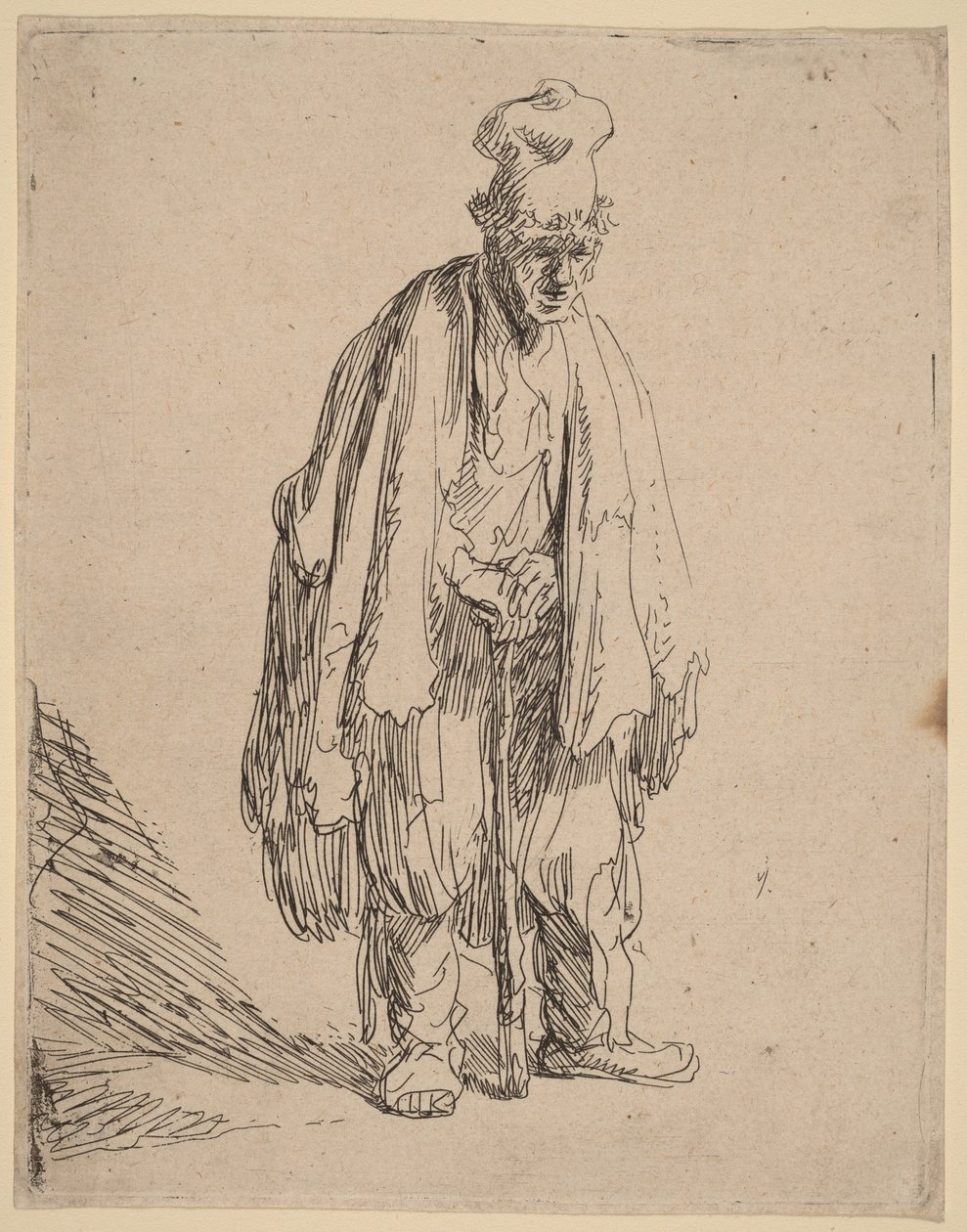 Bettler mit hohem Hut, stehend und auf einen Stock gestützt von Rembrandt van Rijn