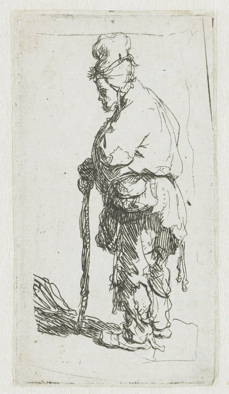 Bettler, der sich auf einen Stock stützt, nach links gewandt von Rembrandt van Rijn