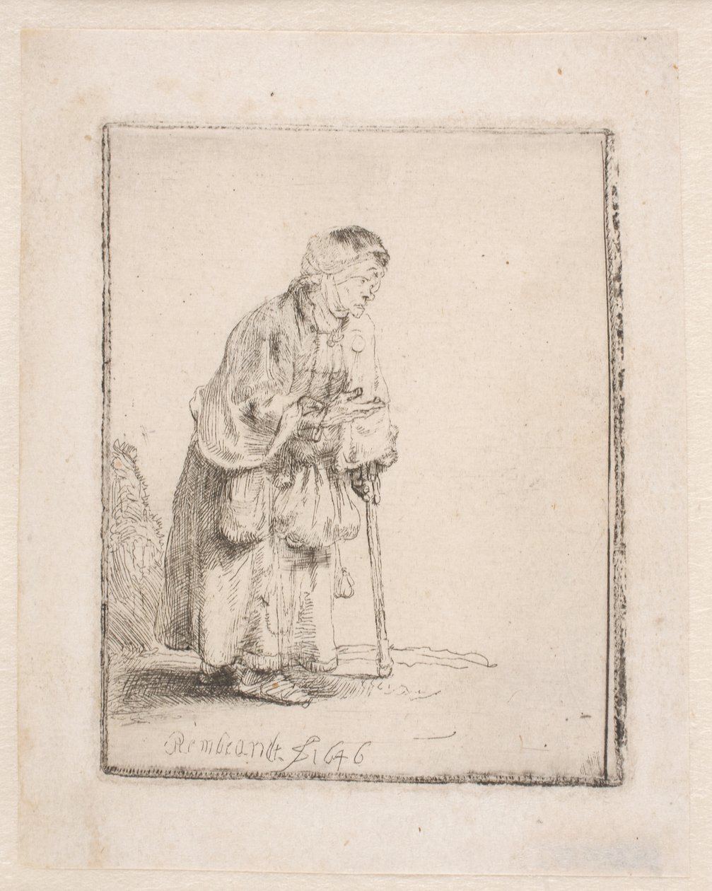 Bettlerin, die sich auf einen Stock stützt von Rembrandt van Rijn